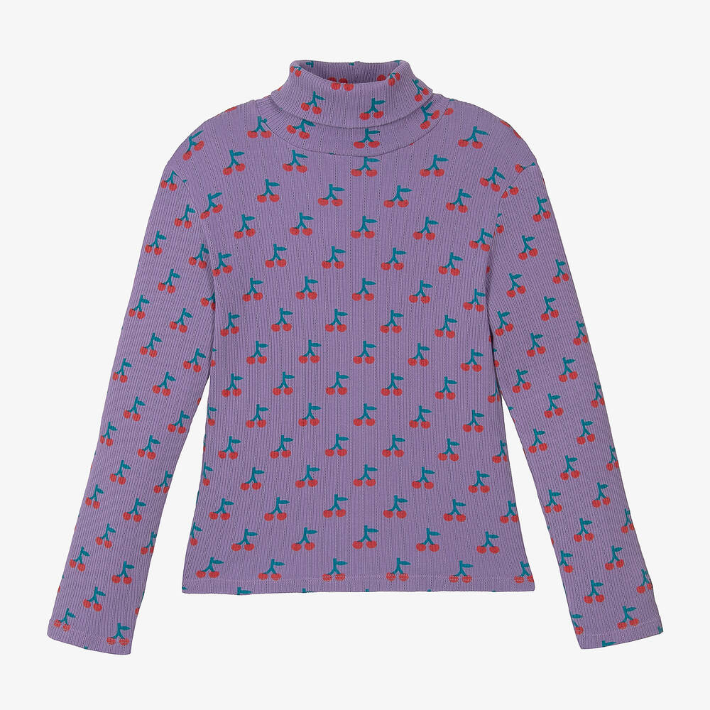 Bobo Choses - Girls Purple Cotton Cherry Print Roll Neck | Childrensalon