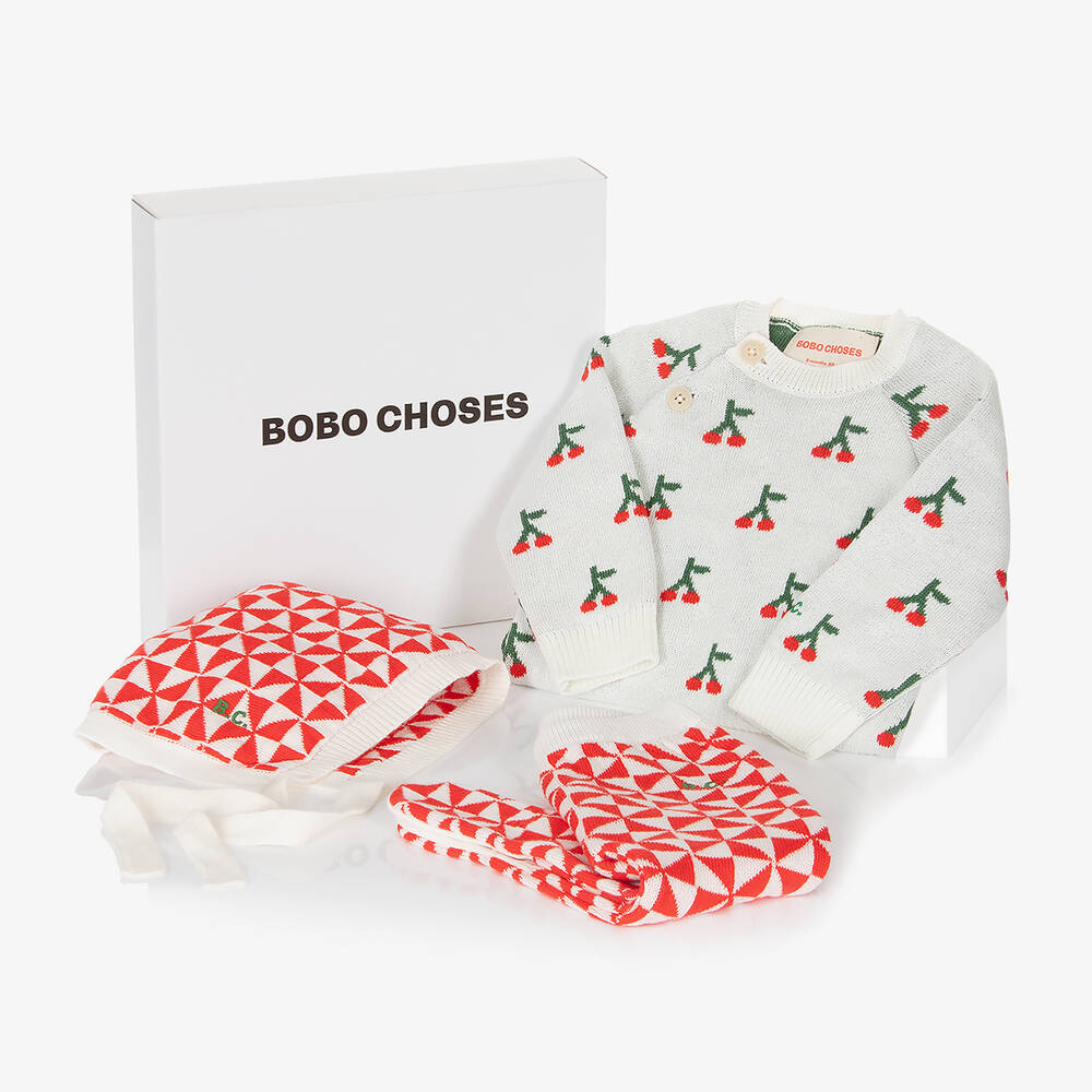 Bobo Choses - Girls White & Red Cherry Cotton Knit Babysuit Set | Childrensalon