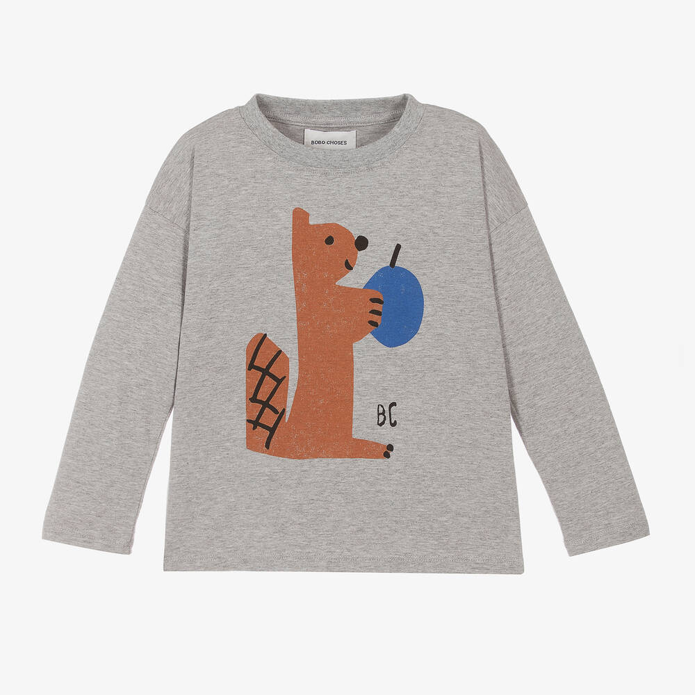 Bobo Choses - Grey Cotton Squirrel Print Top | Childrensalon