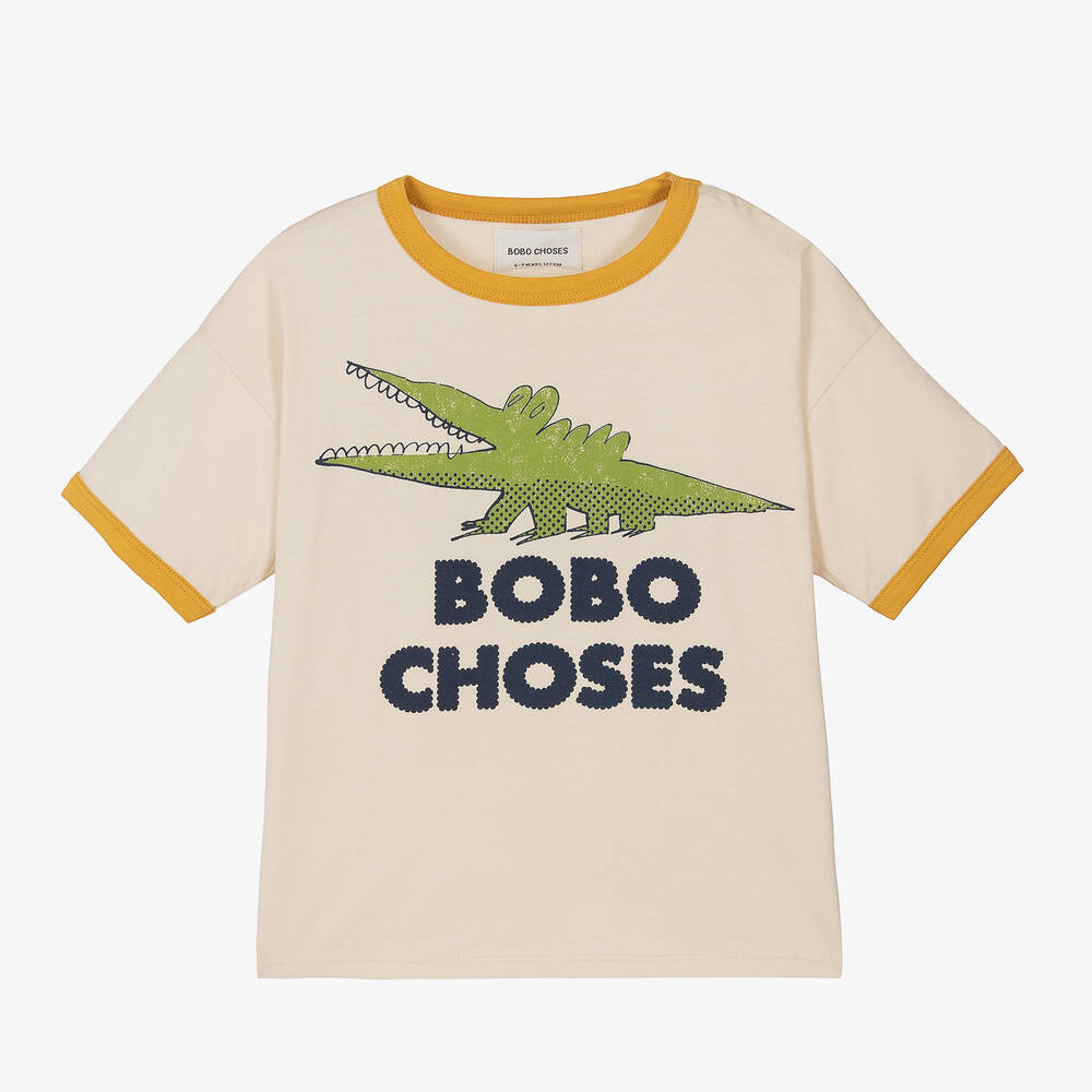 Bobo Choses - Ivory Organic Cotton Crocodile Print T-Shirt | Childrensalon