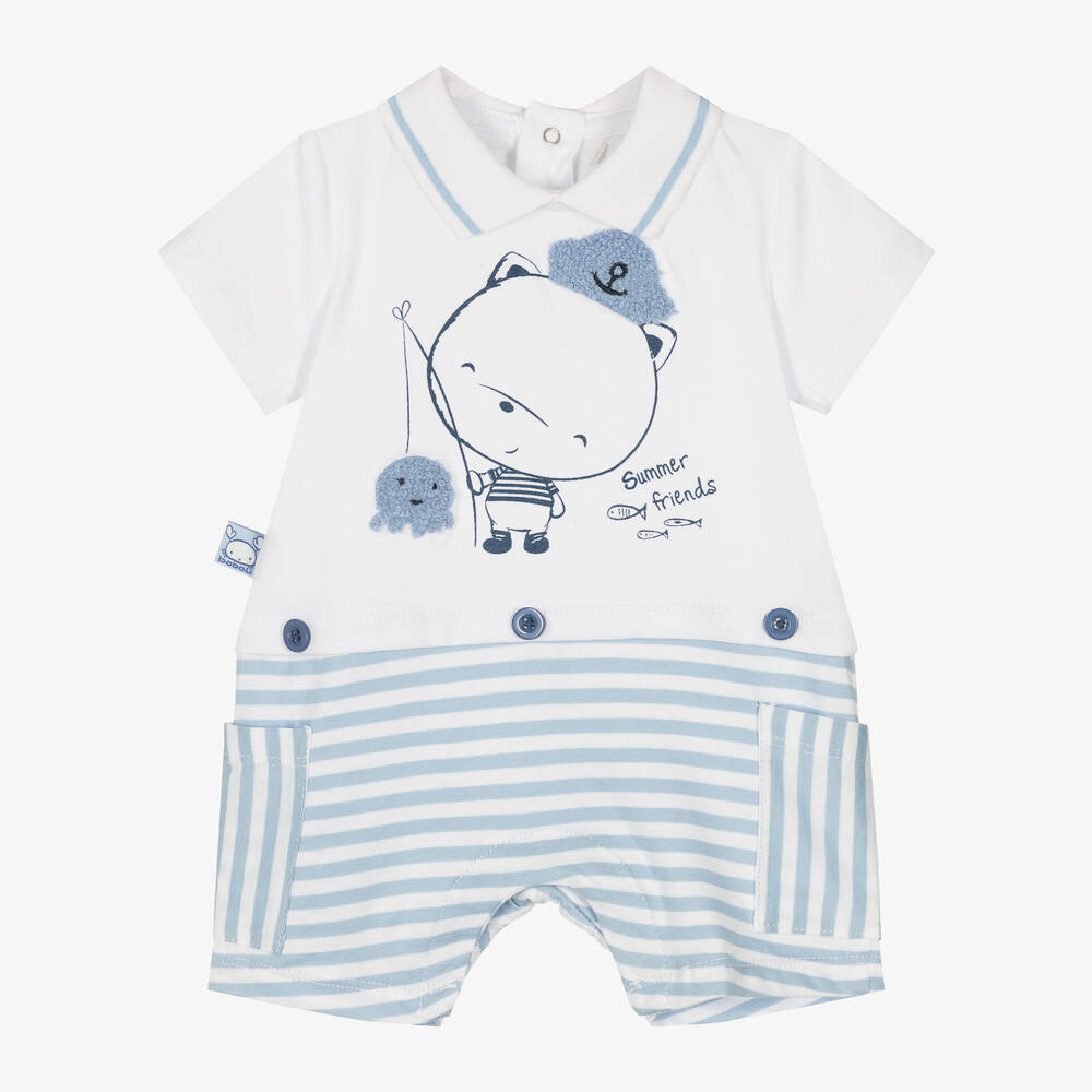Boboli - Baby Boys White & Blue Cotton Shortie | Childrensalon