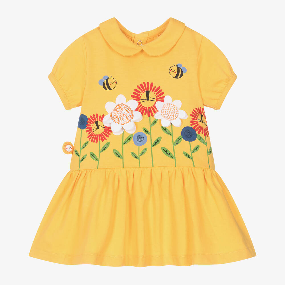 Boboli - فستان قطن لون أصفر فاقع بطبعة ورود للمولودات | Childrensalon