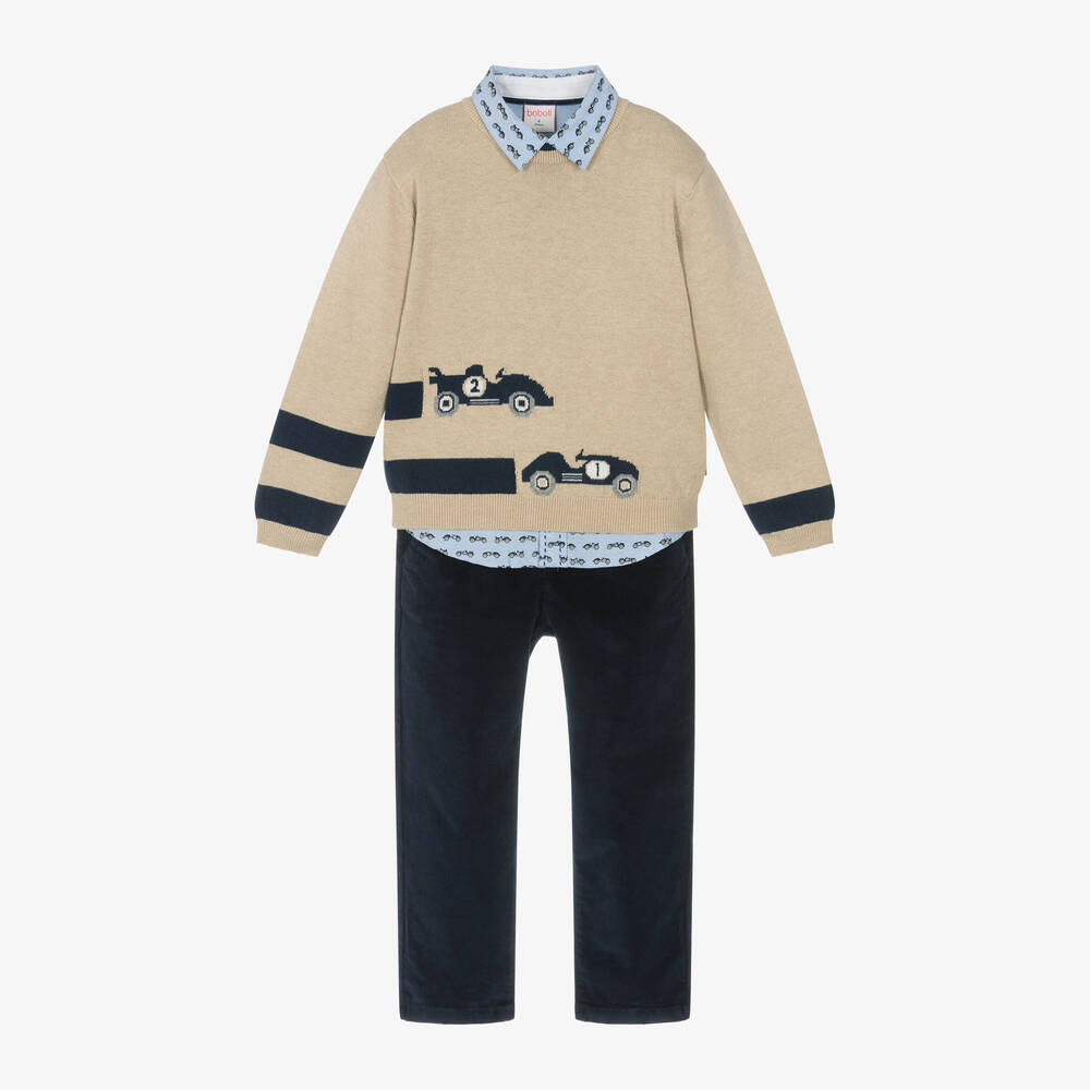 Boboli - Boys Beige & Blue Needlecord Trouser Set | Childrensalon