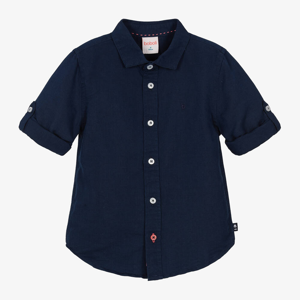 Boboli - قميص مزيج قطن وكتان لون كحلي للأولاد | Childrensalon