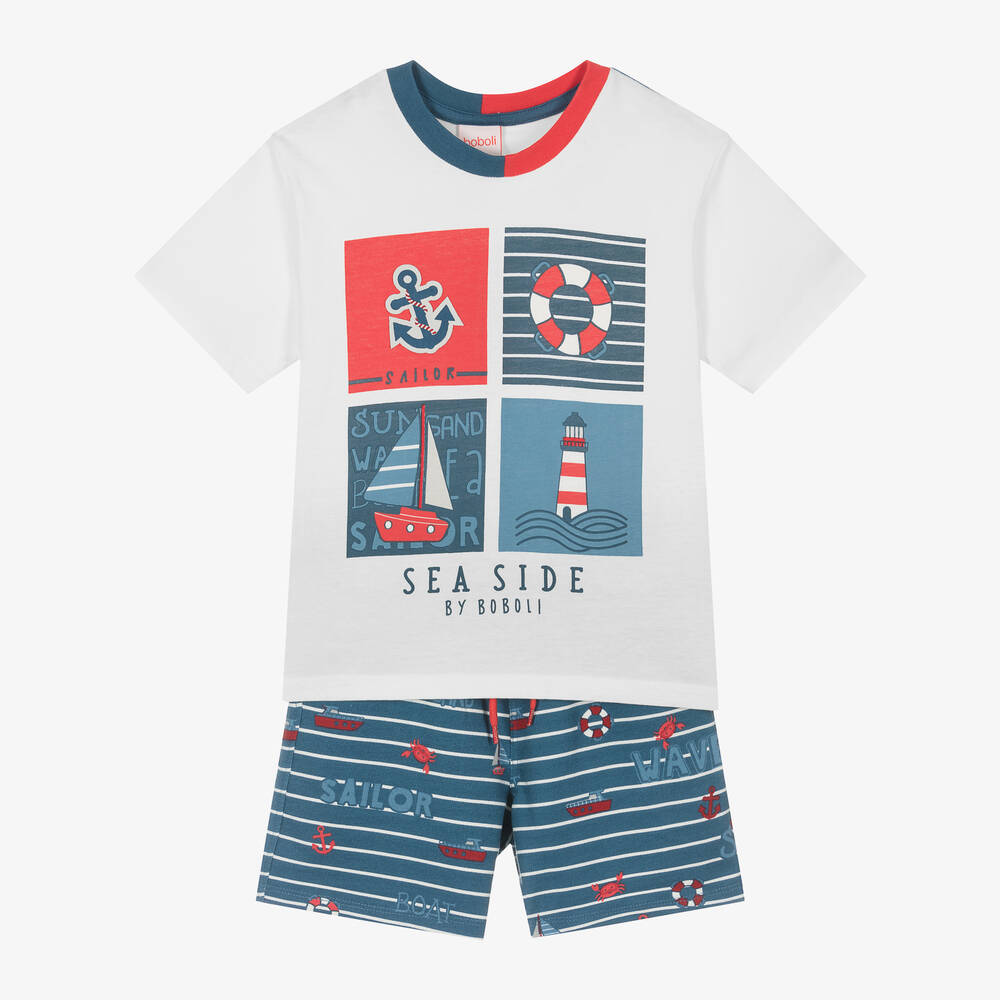Boboli - Boys Blue Cotton Nautical Shorts Set | Childrensalon