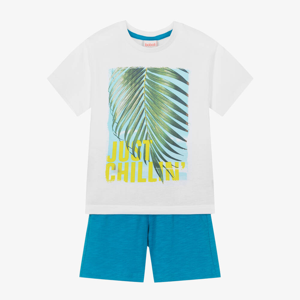 Boboli - Boys Blue Cotton Palm Leaf Shorts Set | Childrensalon