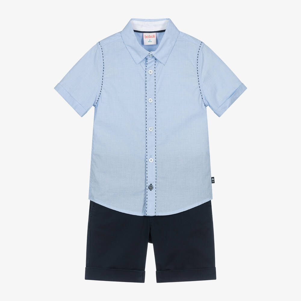 Boboli - طقم شورت وقميص قطن لون أزرق للأولاد | Childrensalon