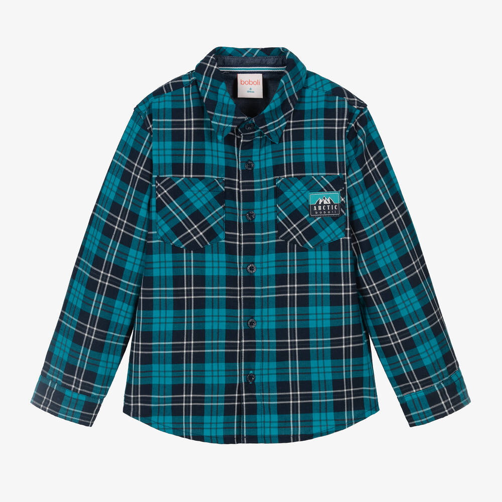 Boboli - Boys Blue Cotton Twill Check Shirt | Childrensalon