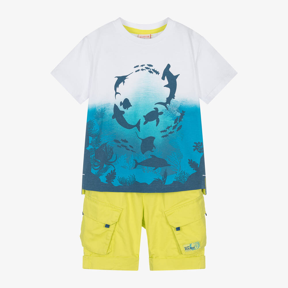 Boboli - طقم شورت قطن لون أخضر ليموني وأزرق للأولاد | Childrensalon