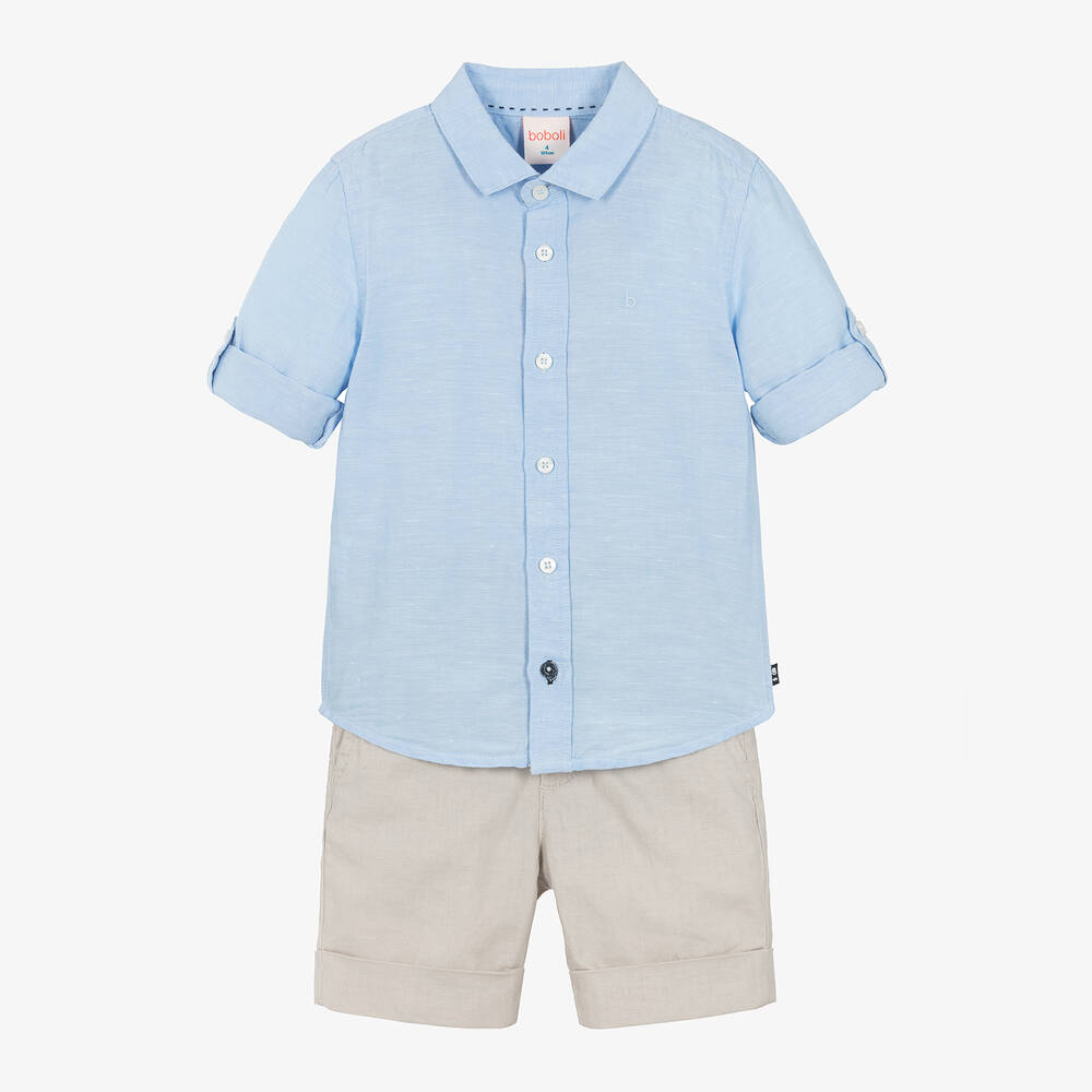 Boboli - Boys Blue Linen & Cotton Shorts Set | Childrensalon