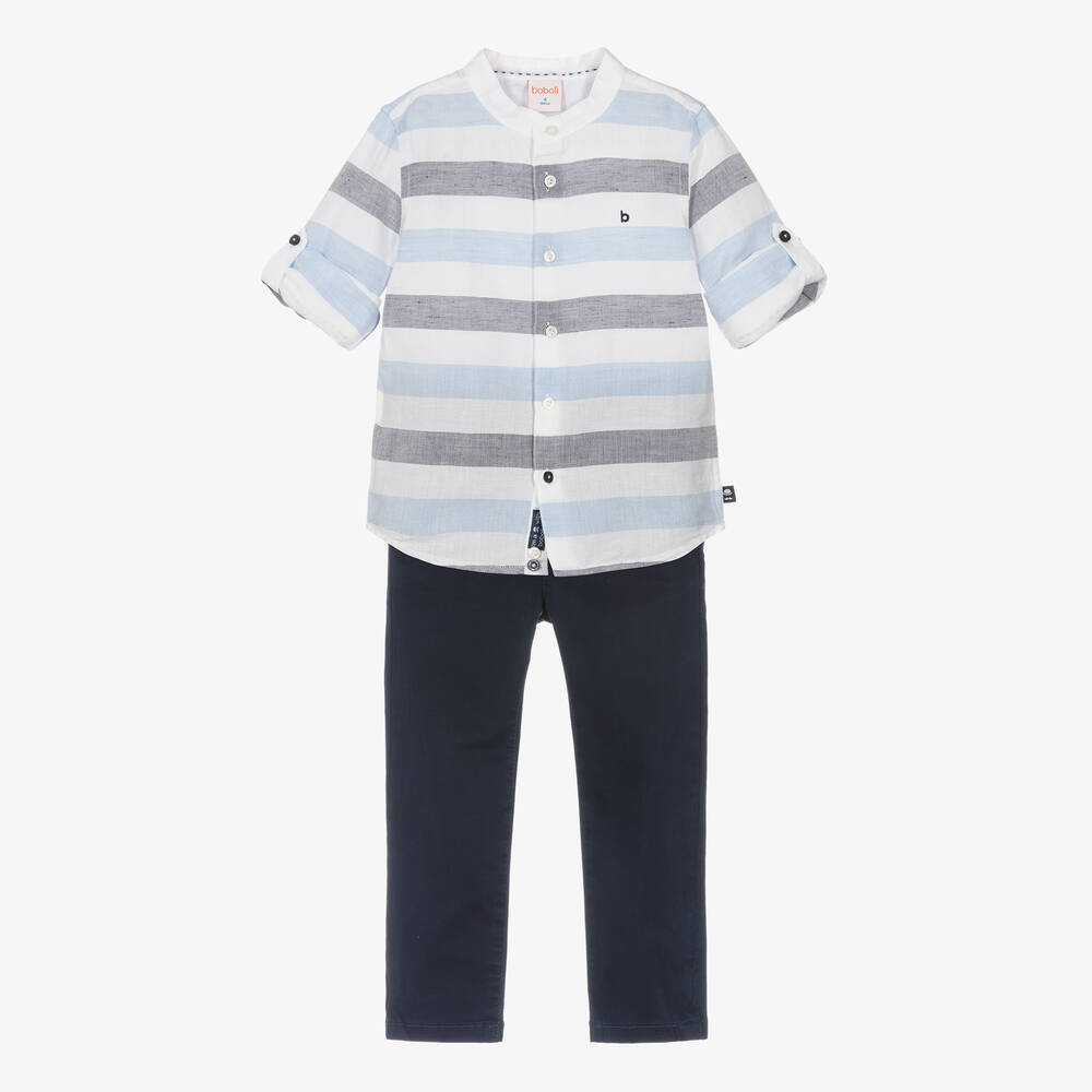Boboli - Boys Blue Striped Cotton Trouser Set | Childrensalon