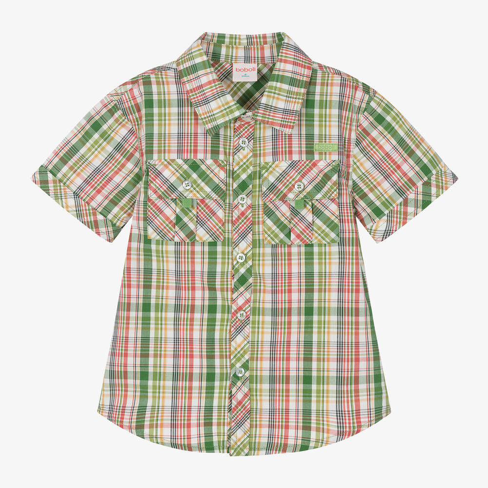 Boboli - قميص قطن كاروهات لون أخضر وأحمر وأصفر للأولاد | Childrensalon