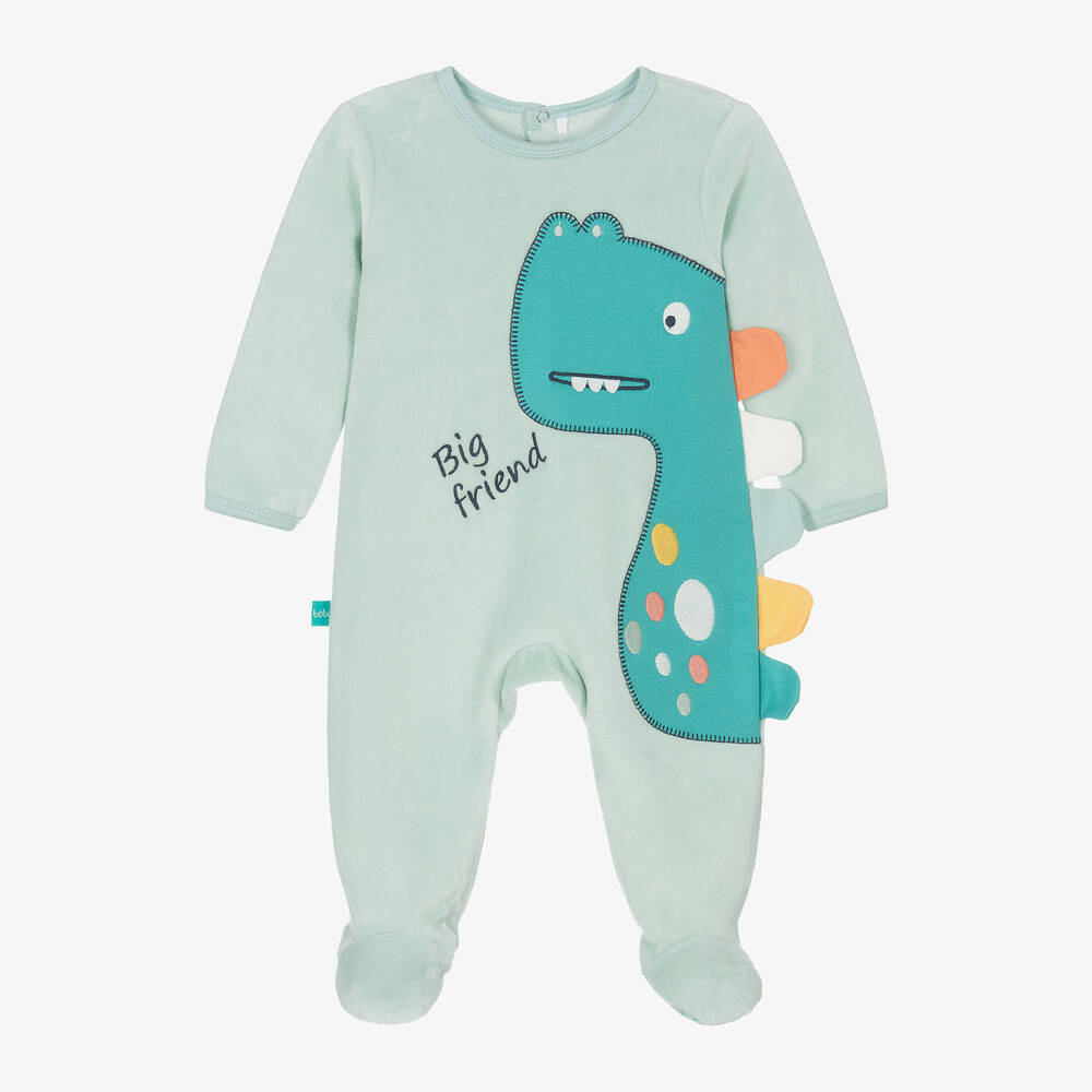 Boboli - Boys Green Velour Dinosaur Babygrow | Childrensalon