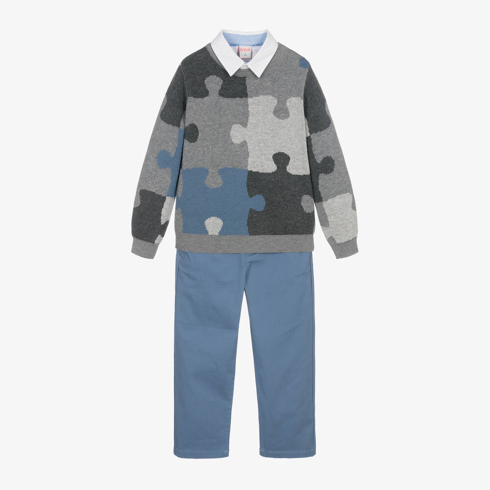 Boboli - Boys Grey & Blue Puzzle Trouser Set | Childrensalon