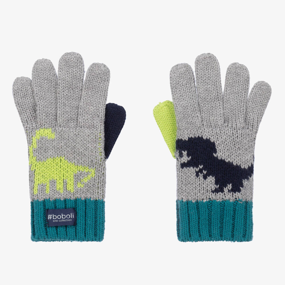 Boboli - Boys Grey Cotton Knit Dinosaur Gloves | Childrensalon