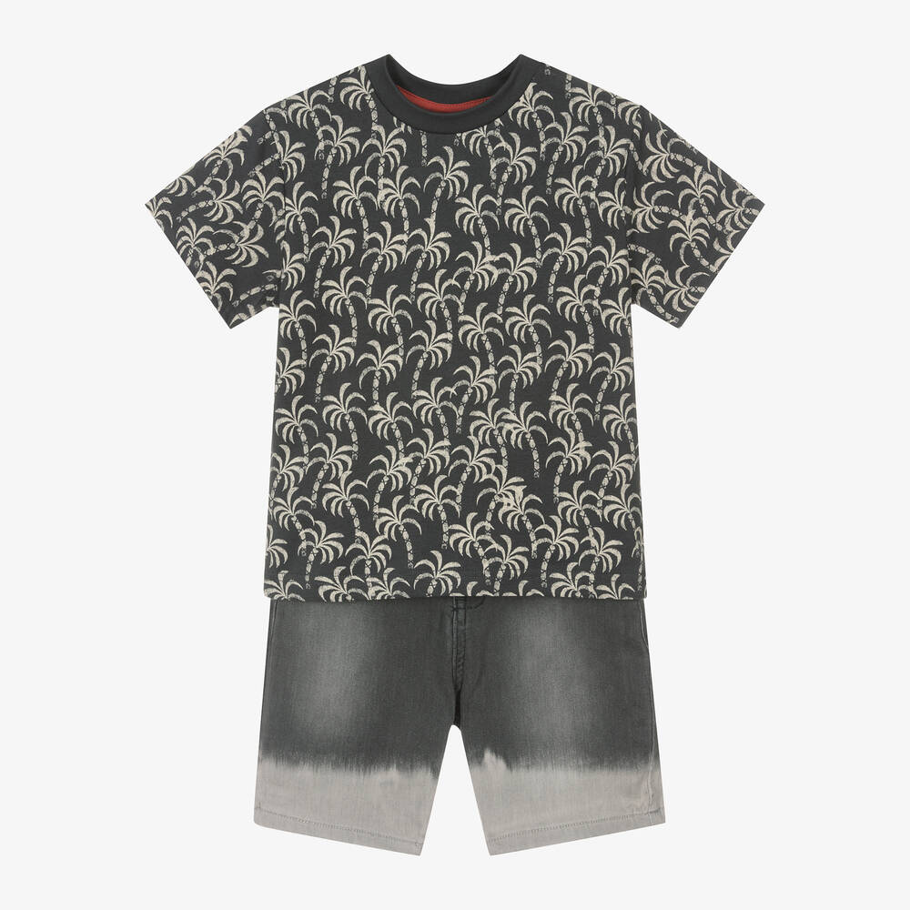 Boboli - Boys Grey Cotton Palm Tree Shorts Set | Childrensalon