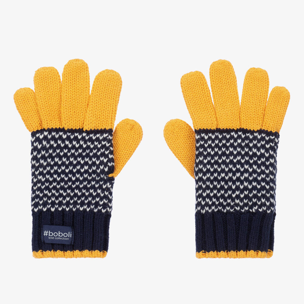 Boboli - Boys Navy Blue & Yellow Cotton Knit Gloves | Childrensalon