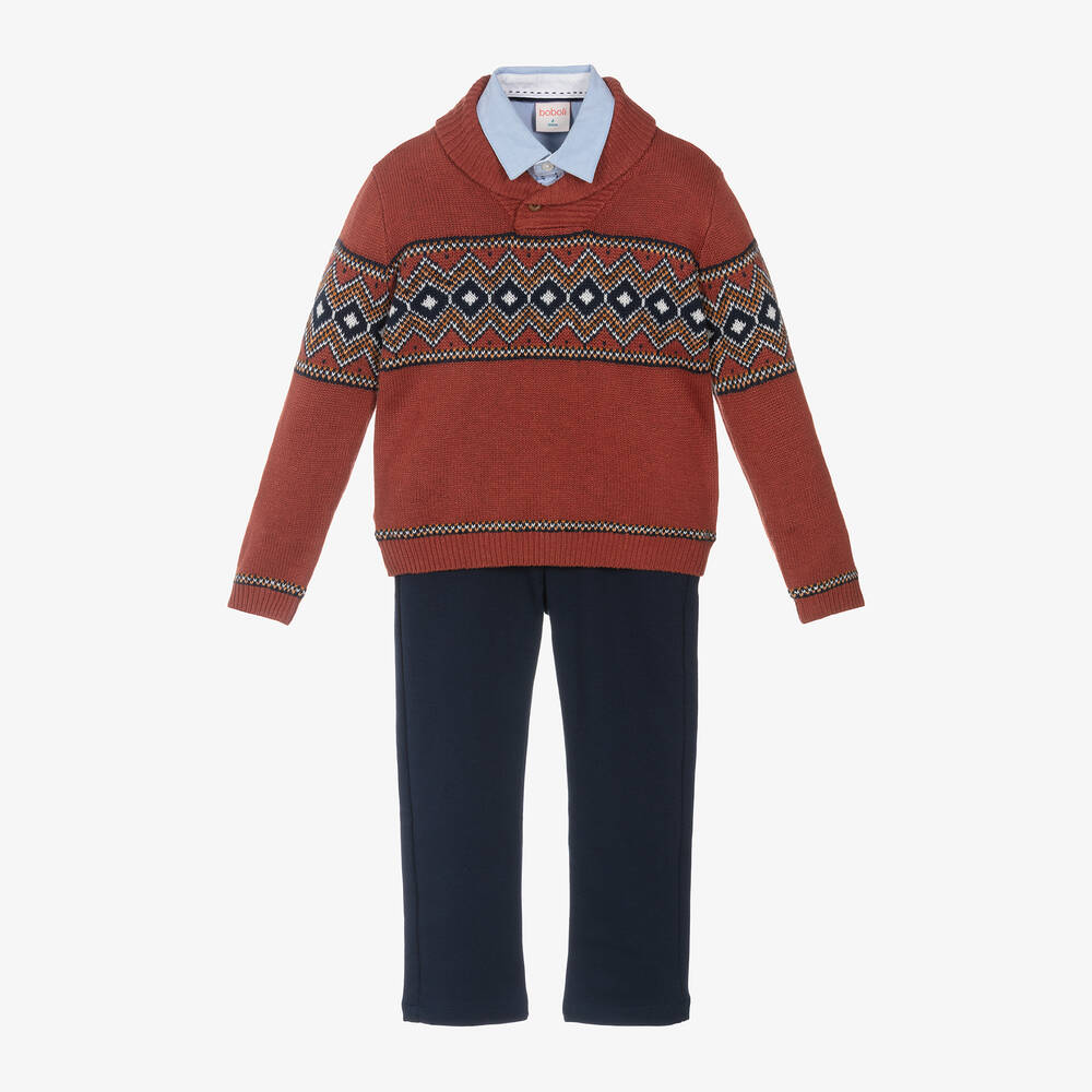 Boboli - Boys Orange & Blue Fair Isle Trouser Set | Childrensalon