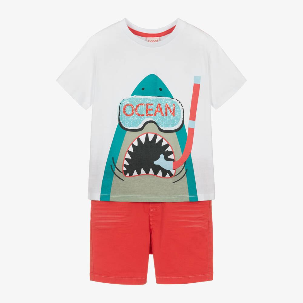 Boboli - Boys Orange Cotton Shark Shorts Set | Childrensalon