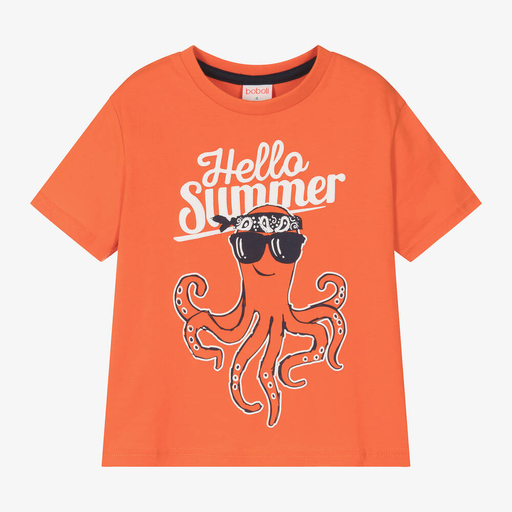 Boboli - Boys Orange Octopus Cotton T-Shirt | Childrensalon