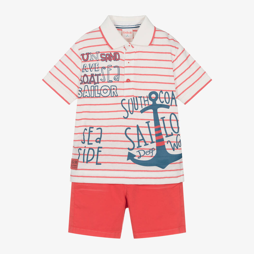 Boboli - Boys Red Striped Cotton Shorts Set | Childrensalon