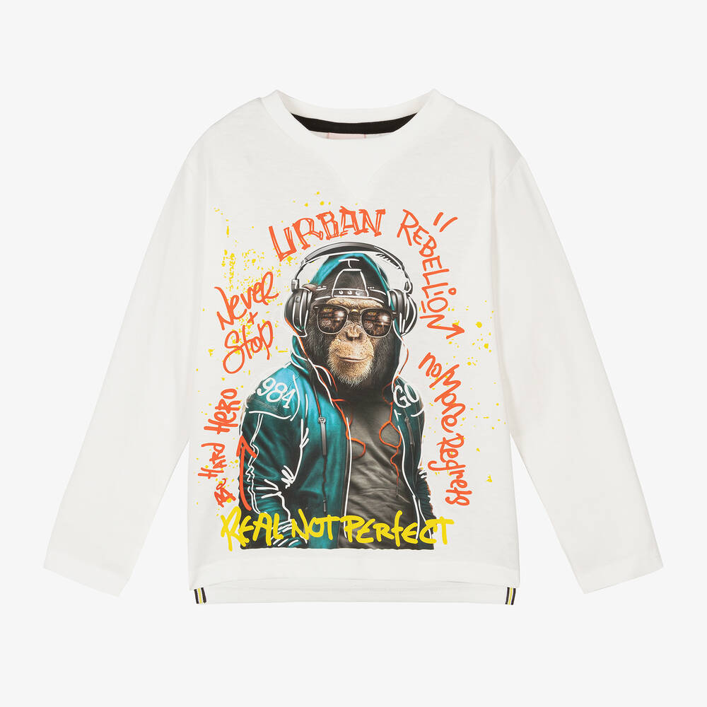 Boboli - Boys White Cotton Slogan Monkey Top | Childrensalon