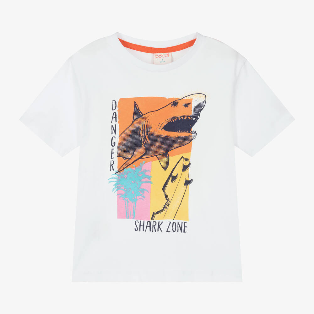 Boboli - Boys White Shark Cotton T-Shirt | Childrensalon