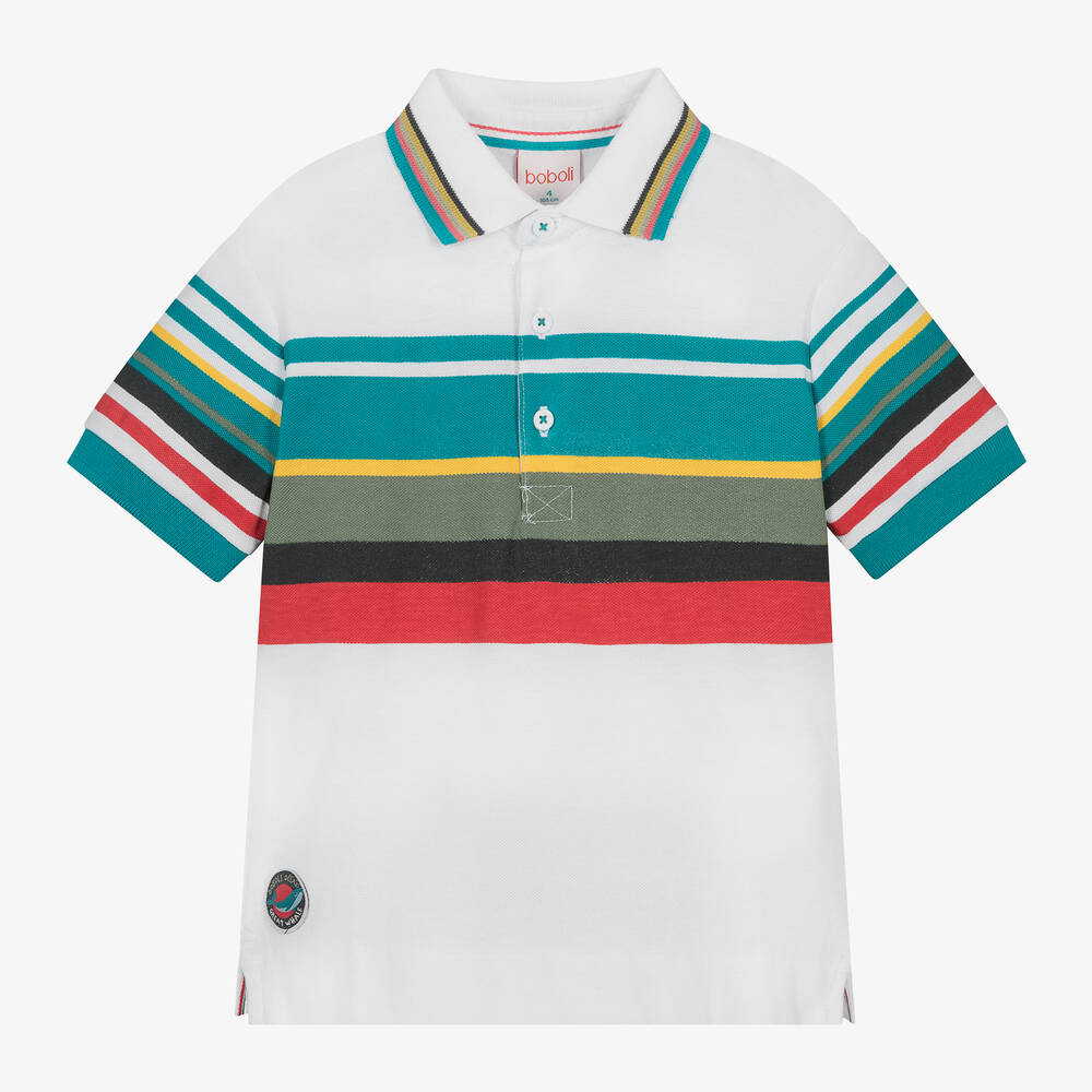 Boboli - Boys White Striped Polo Shirt | Childrensalon