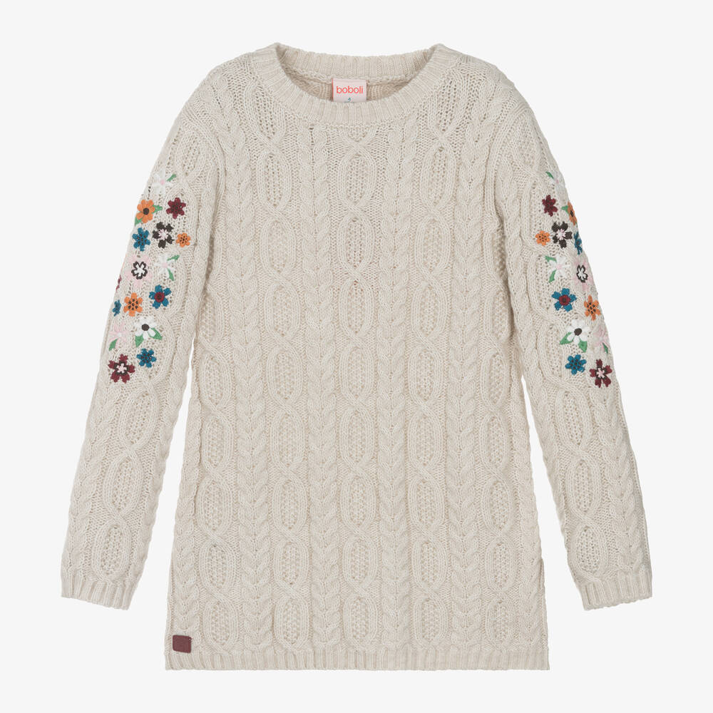 Boboli - Girls Beige Embroidered Cable Knit Dress | Childrensalon