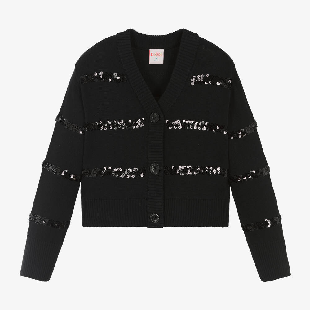 Boboli - Girls Black Cotton Sequin Cardigan | Childrensalon