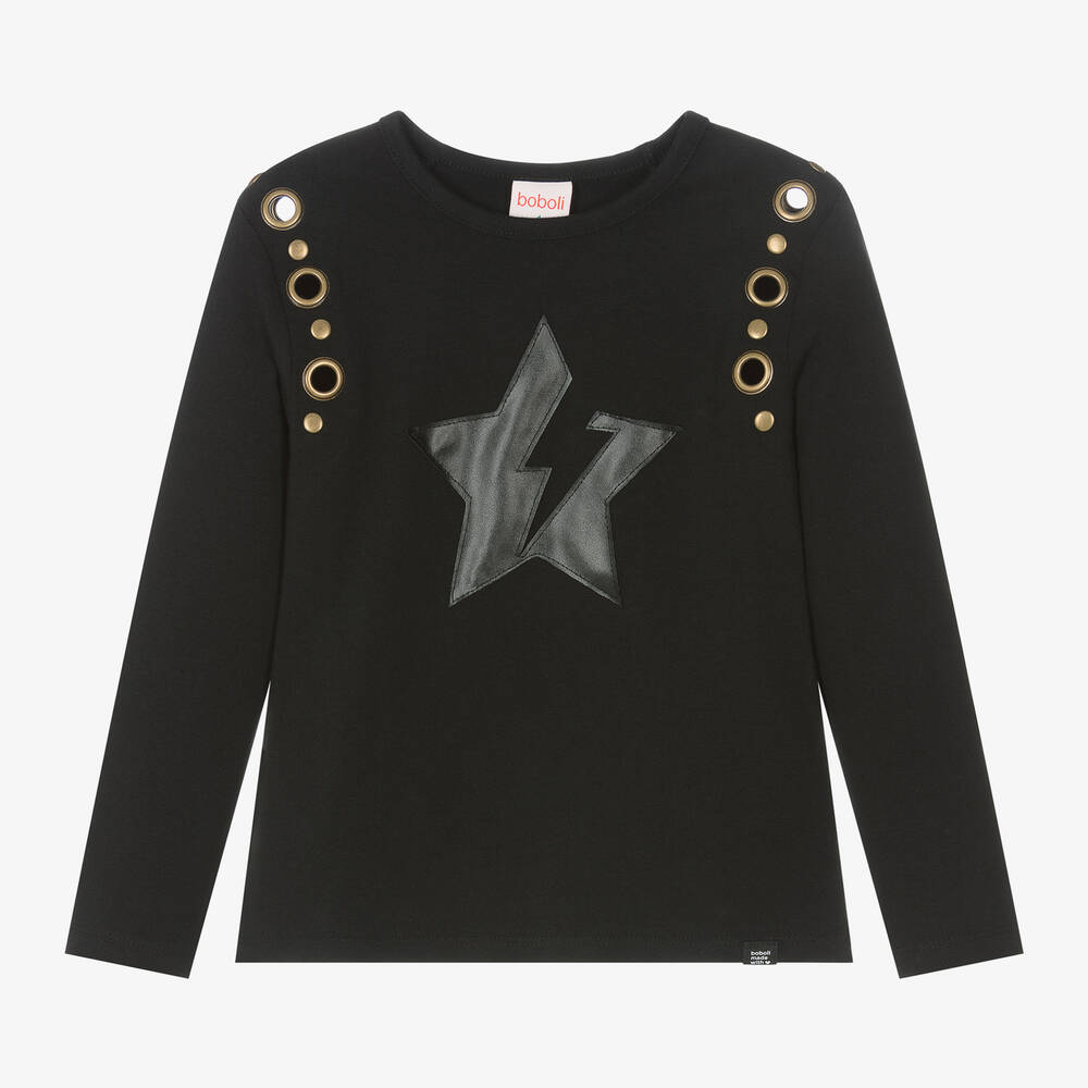 Boboli - Girls Black Star & Gold Stud Cotton Top | Childrensalon