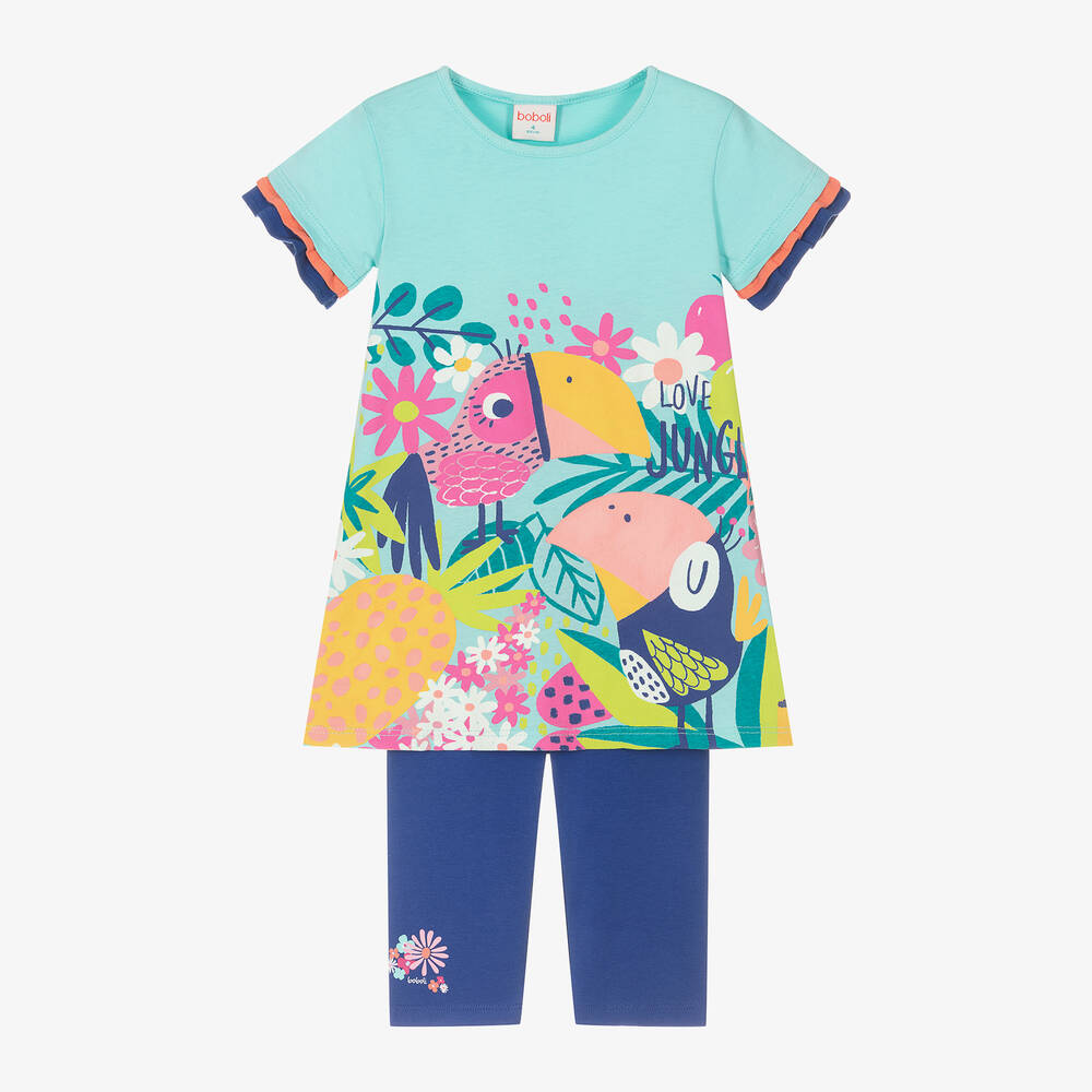 Boboli - طقم فستان قطن جيرسي لون أزرق بطبعة ورود للبنات | Childrensalon
