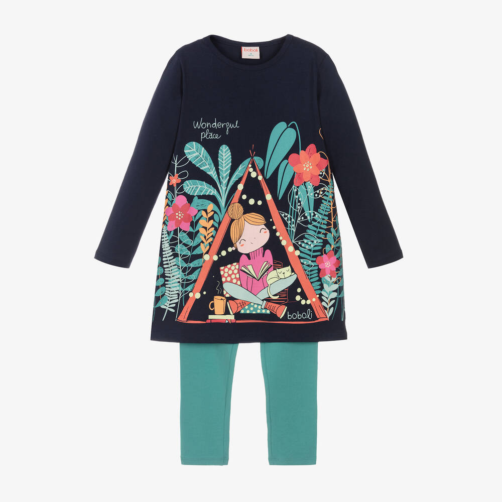 Boboli - Girls Blue & Green Cotton Leggings Set | Childrensalon