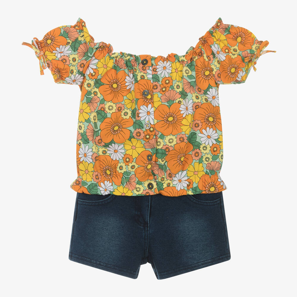 Boboli - Girls Floral Top & Denim-Look Shorts Set | Childrensalon
