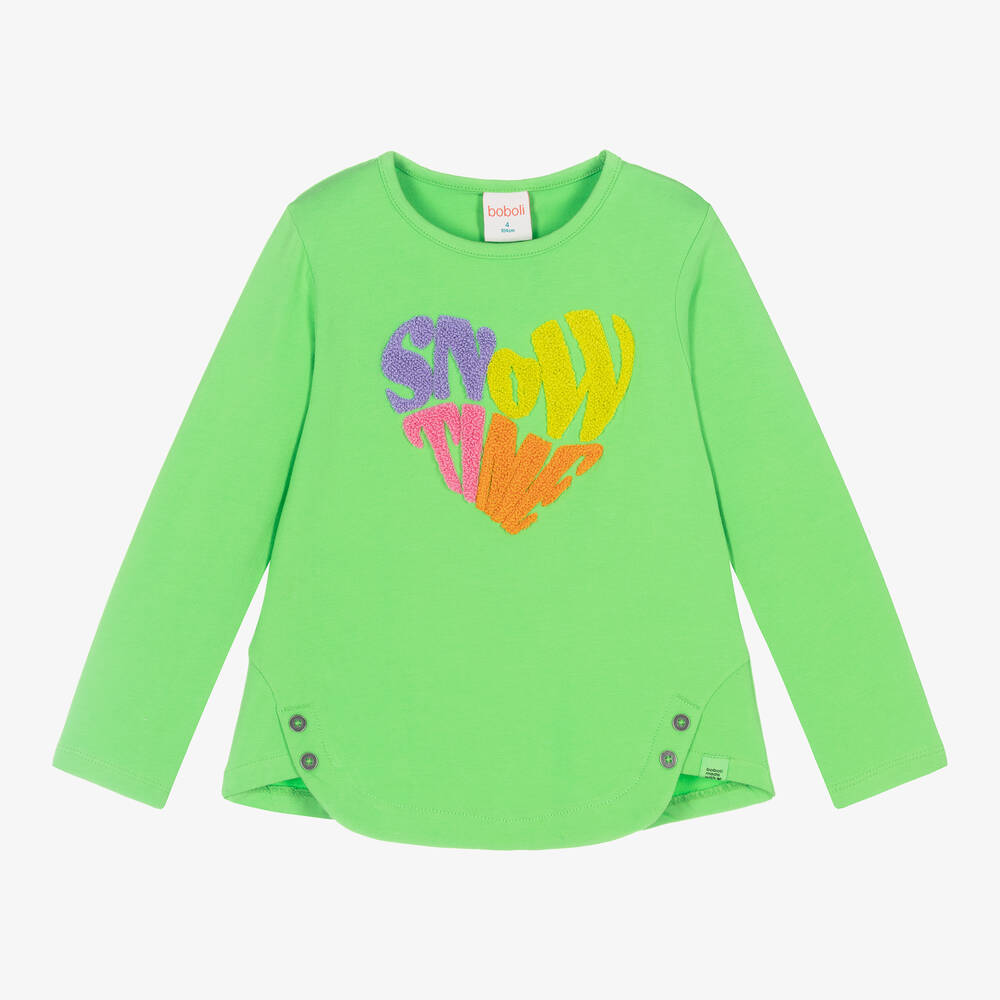 Boboli - Girls Green Cotton Slogan Top | Childrensalon