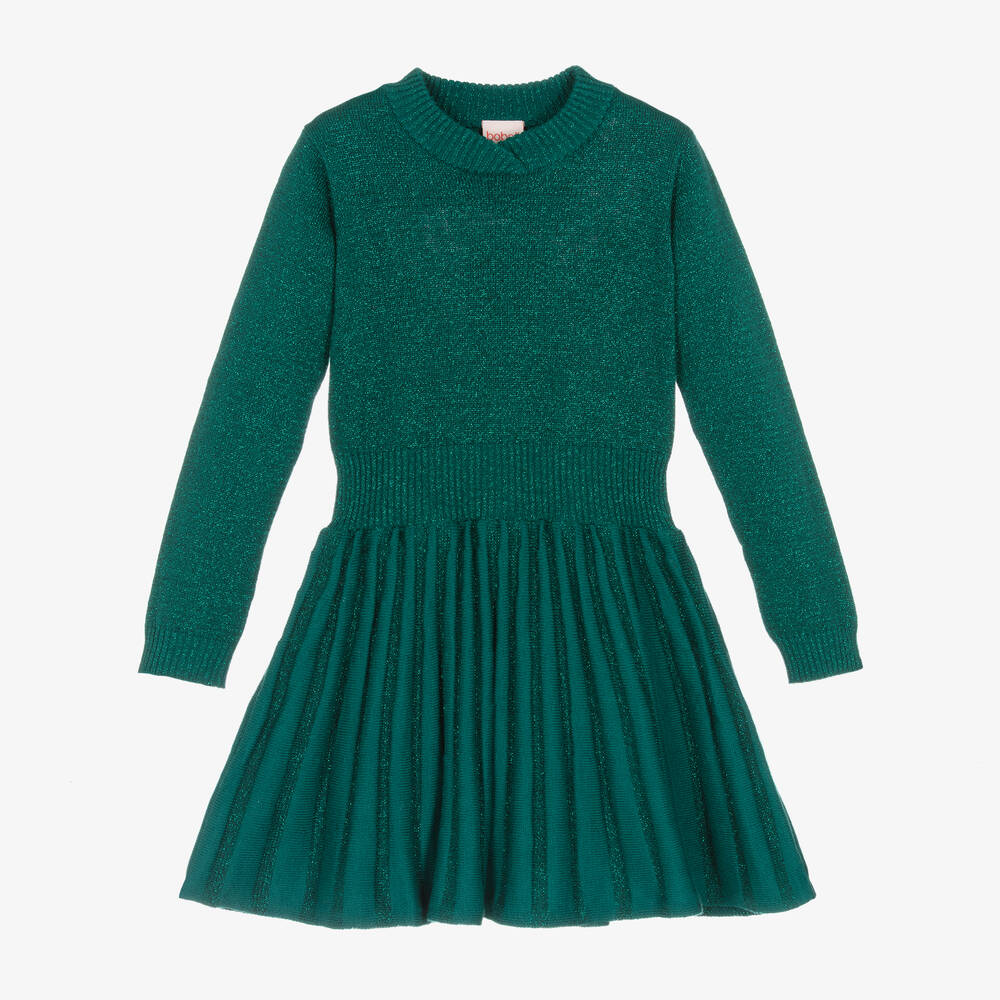 Boboli - Girls Green Pleated Cotton Dress | Childrensalon