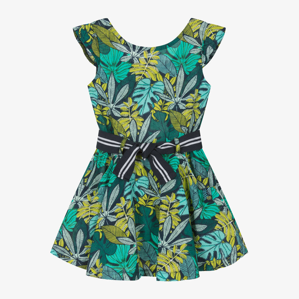 Boboli - Girls Green Tropical Leaf Print Dress | Childrensalon