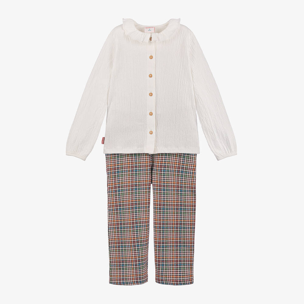 Boboli - Girls Ivory & Check Cotton Trouser Set | Childrensalon