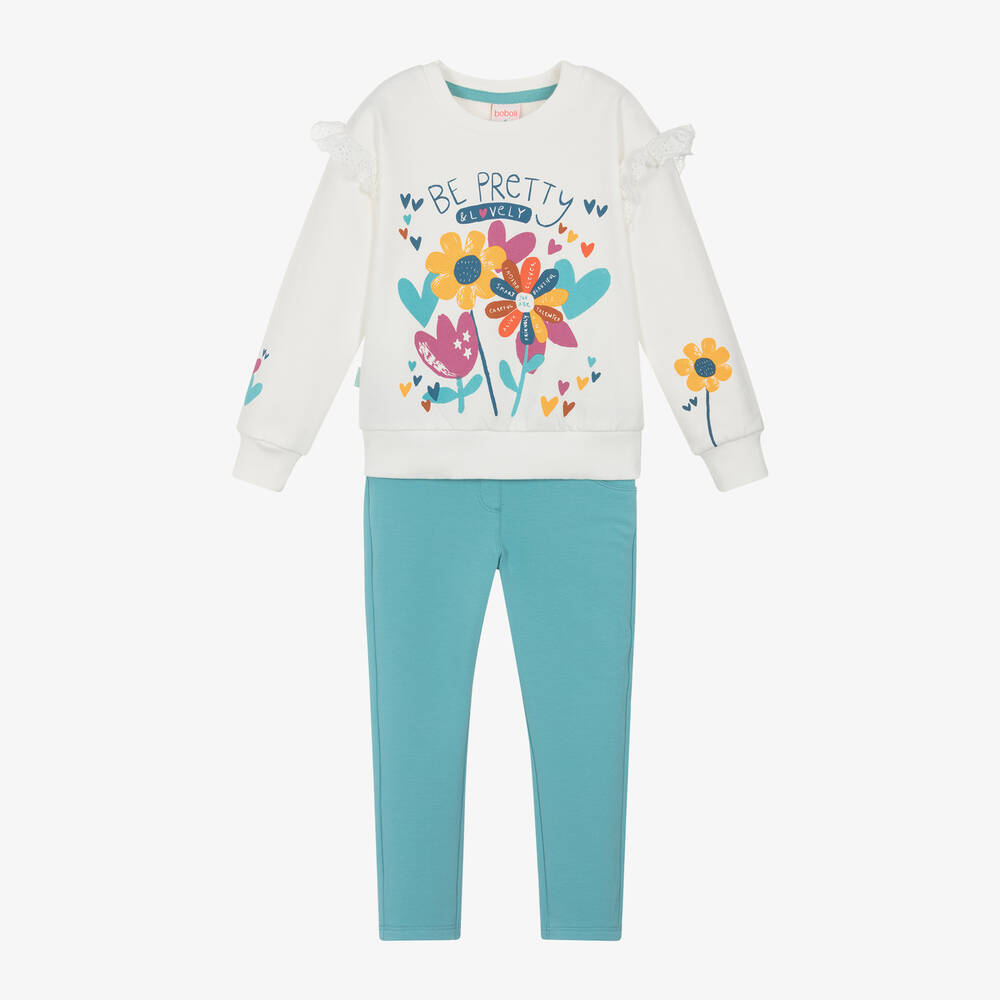 Boboli - Girls Ivory Sweatshirt & Blue Leggings Set | Childrensalon