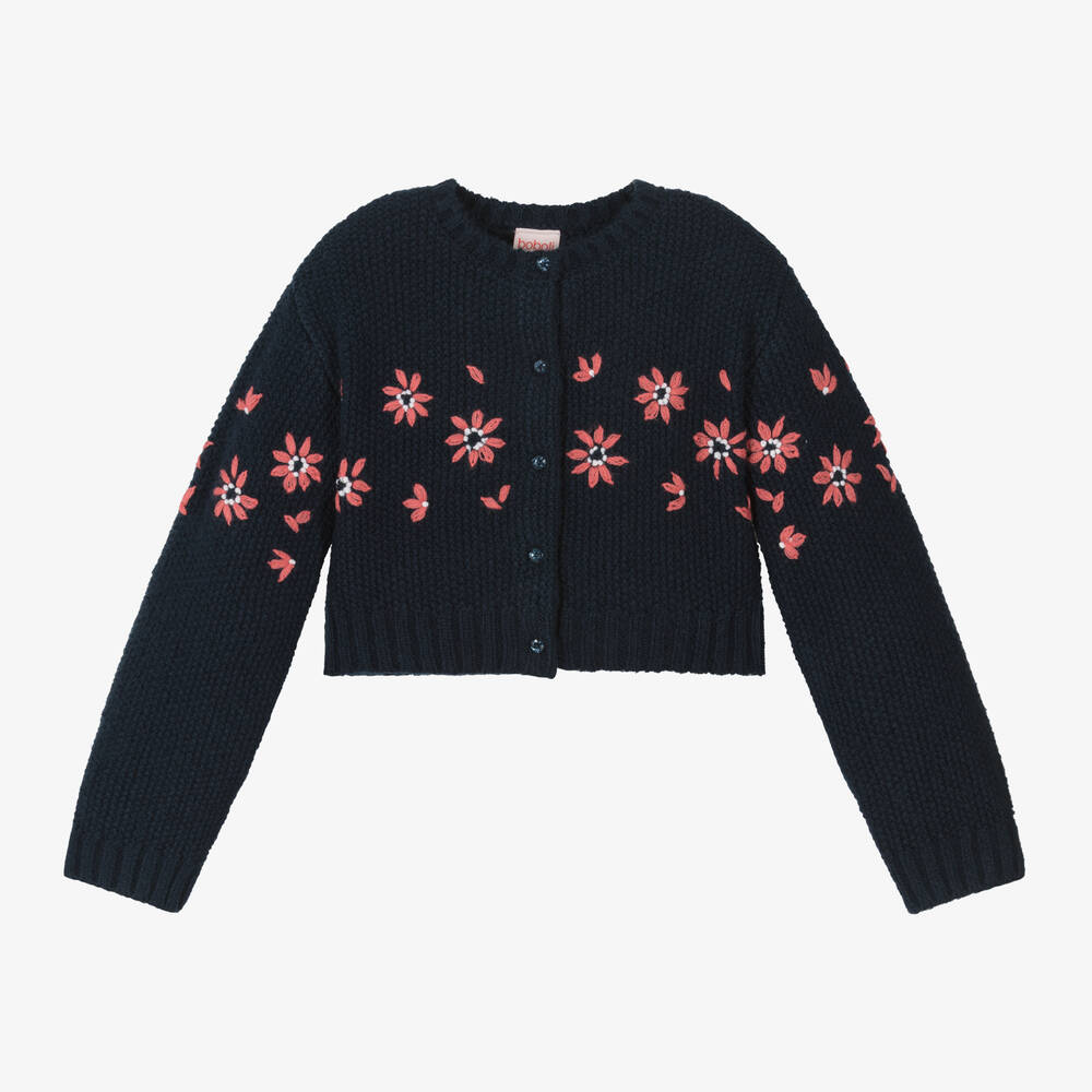 Boboli - Girls Navy Blue Floral Knitted Cardigan | Childrensalon