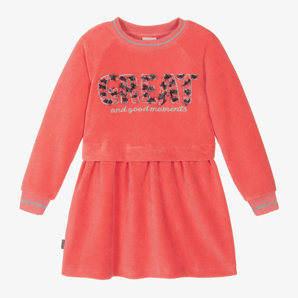 Boboli - Girls Orange Corduroy Slogan Dress | Childrensalon