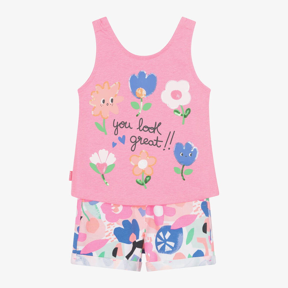 Boboli - Girls Pink Cotton Floral Shorts Set | Childrensalon