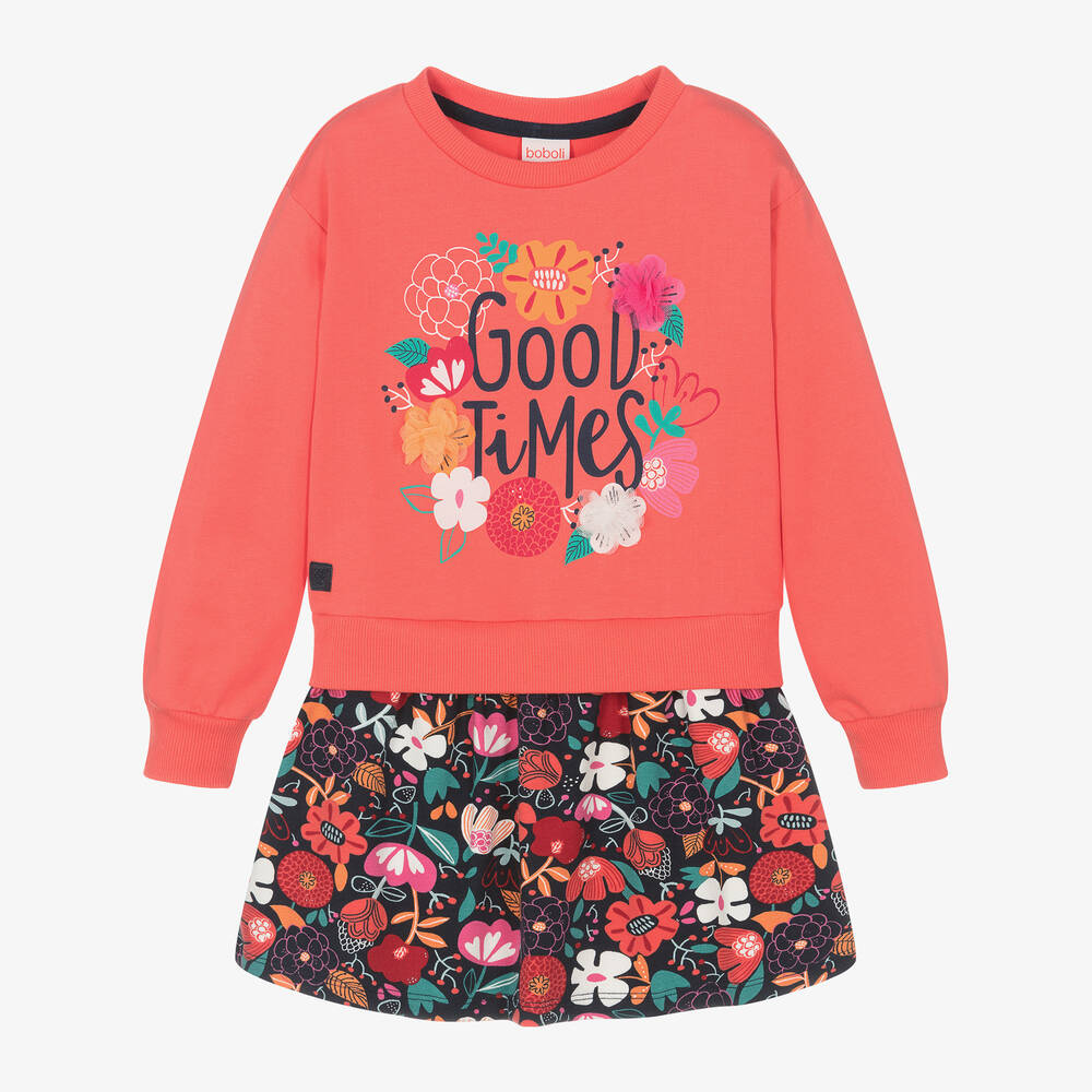 Boboli - Girls Pink Floral Cotton Jersey Dress | Childrensalon