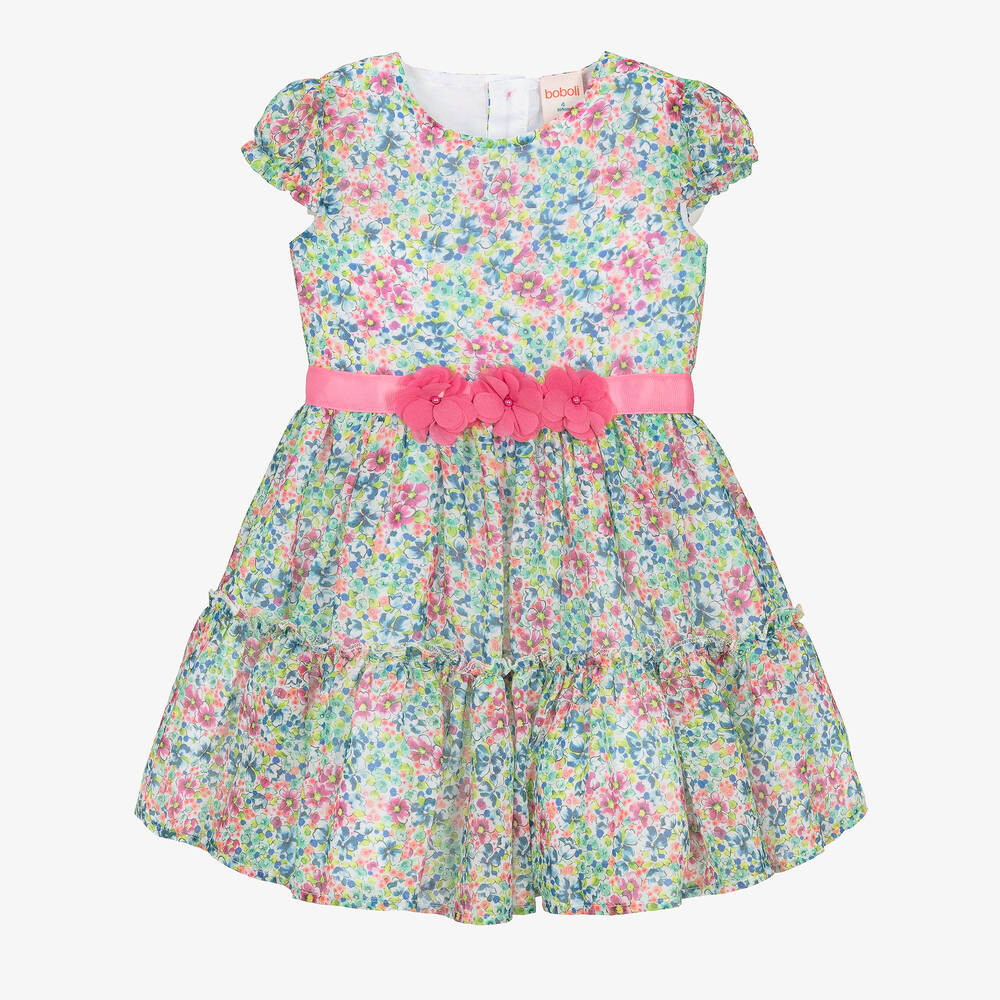 Boboli - فستان شيفون لون أخضر وزهري بطبعة ورود | Childrensalon