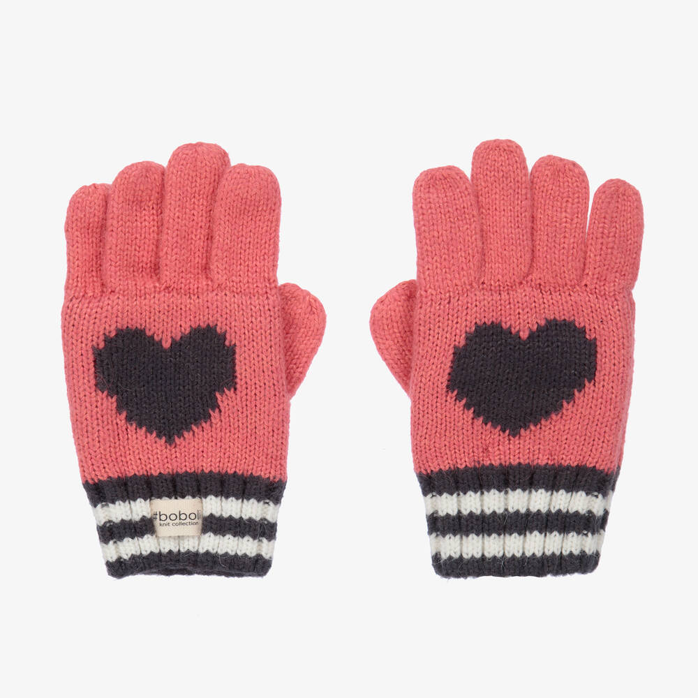 Boboli - Girls Pink Knitted Heart Gloves | Childrensalon