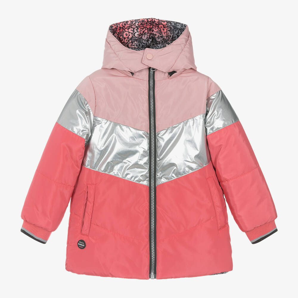 Boboli - Girls Pink Reversible Hooded Coat | Childrensalon