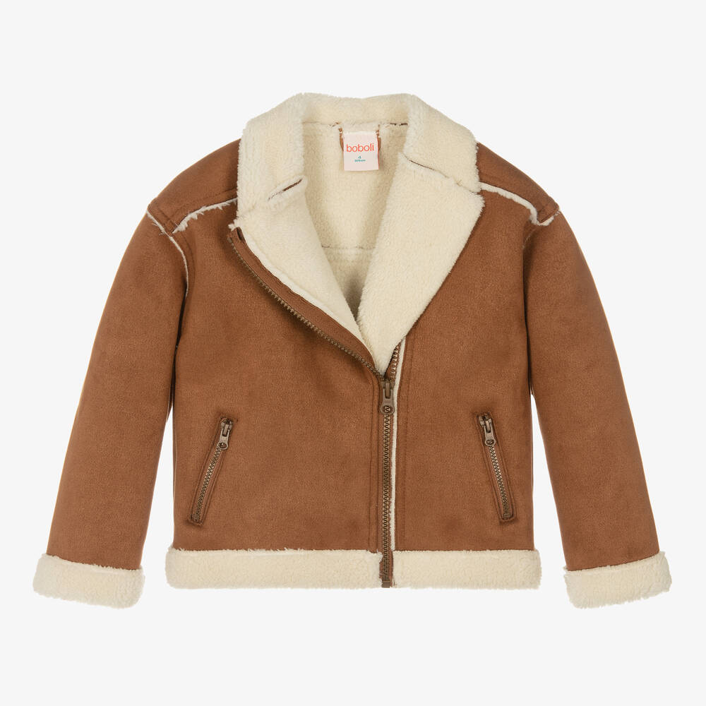 Boboli - Girls Tan Brown Faux Shearling Jacket | Childrensalon