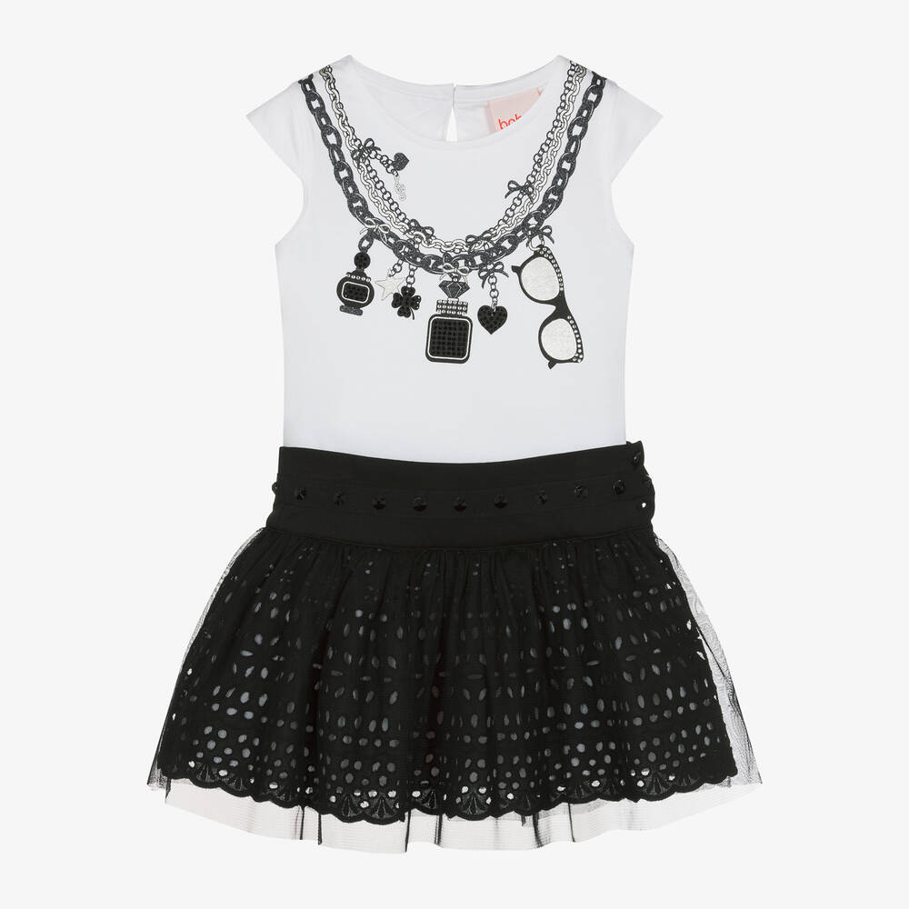 Boboli - Girls White & Black Cotton Skirt Set | Childrensalon