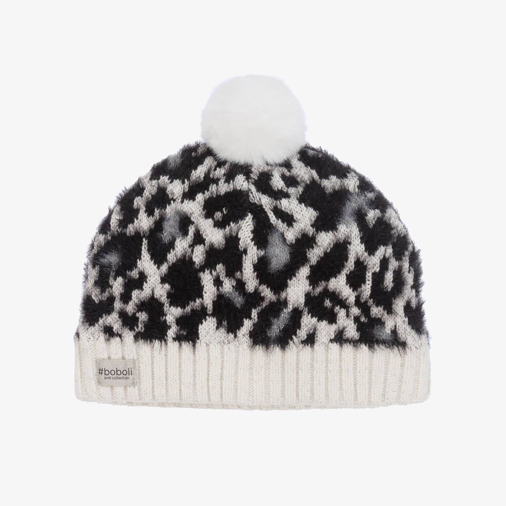 Boboli - Girls White & Black Knitted Pom-Pom Hat | Childrensalon