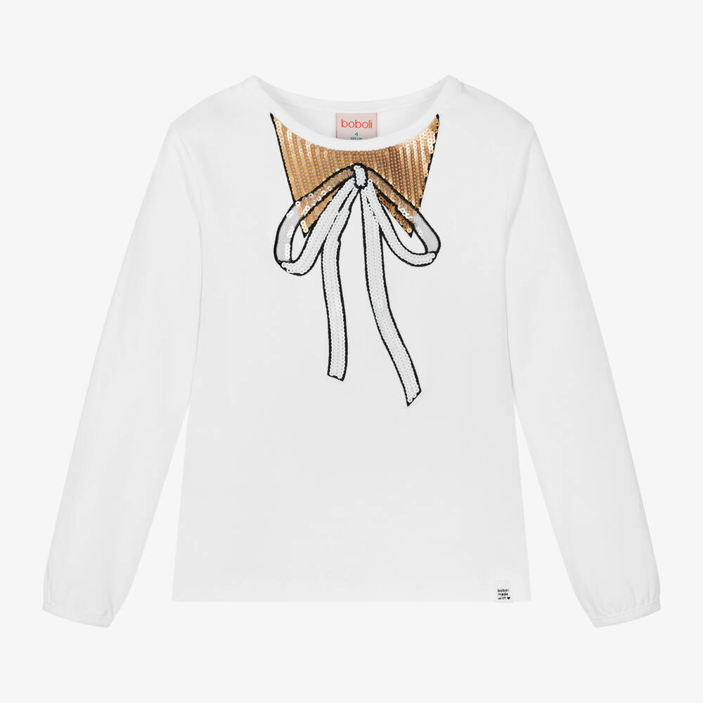 Boboli - Girls White Cotton Sequin Bow Top | Childrensalon